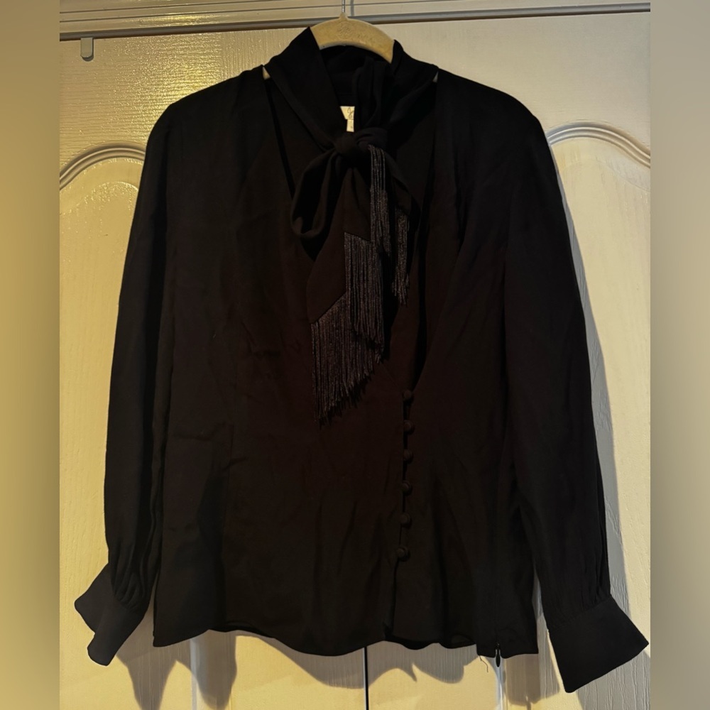 Joie Black Button Down Long Sleeve Blouse with Bow and Fringe Detail - Size S